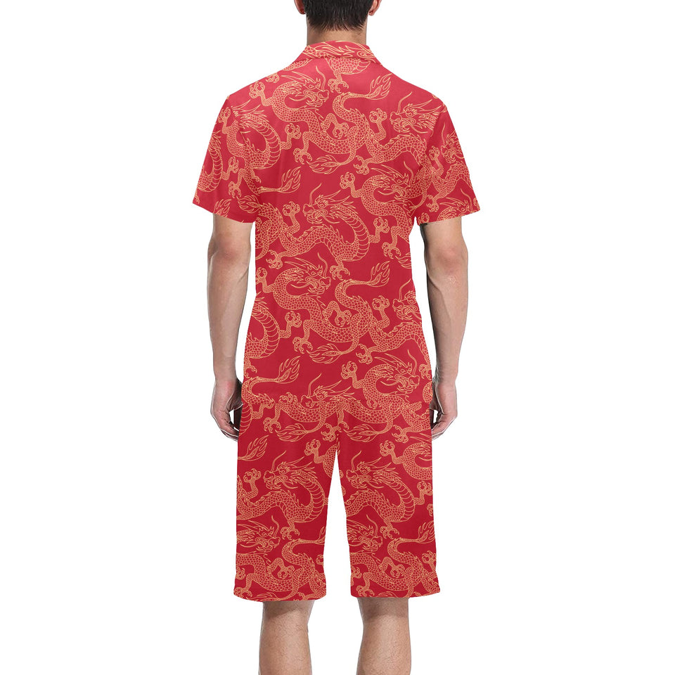 Gold dragons red background Men's V-Neck Short Pajama Set