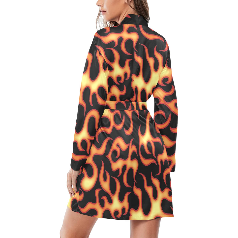 Fire flame dark pattern Women's Long Sleeve Belted Night Robe