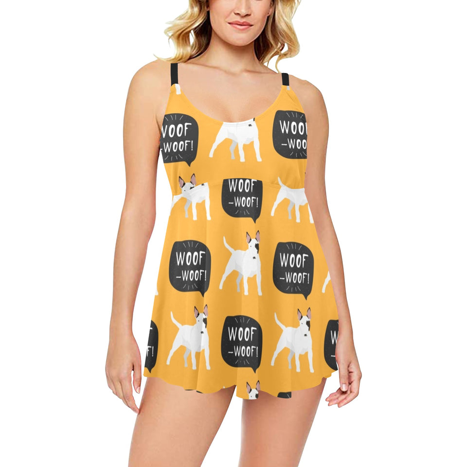 Bull Terrier Pattern Print Design 03 Chest Sexy Pleated Two Piece Swim Dress