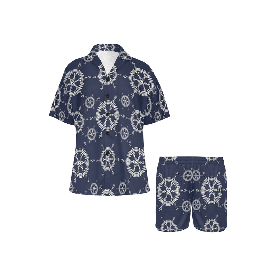 nautical steering wheel design pattern Women's V-Neck Short Pajama Set