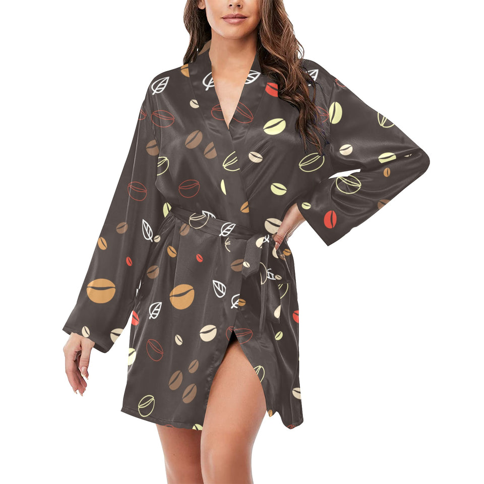 Coffee bean leave pattern Women's Long Sleeve Belted Night Robe