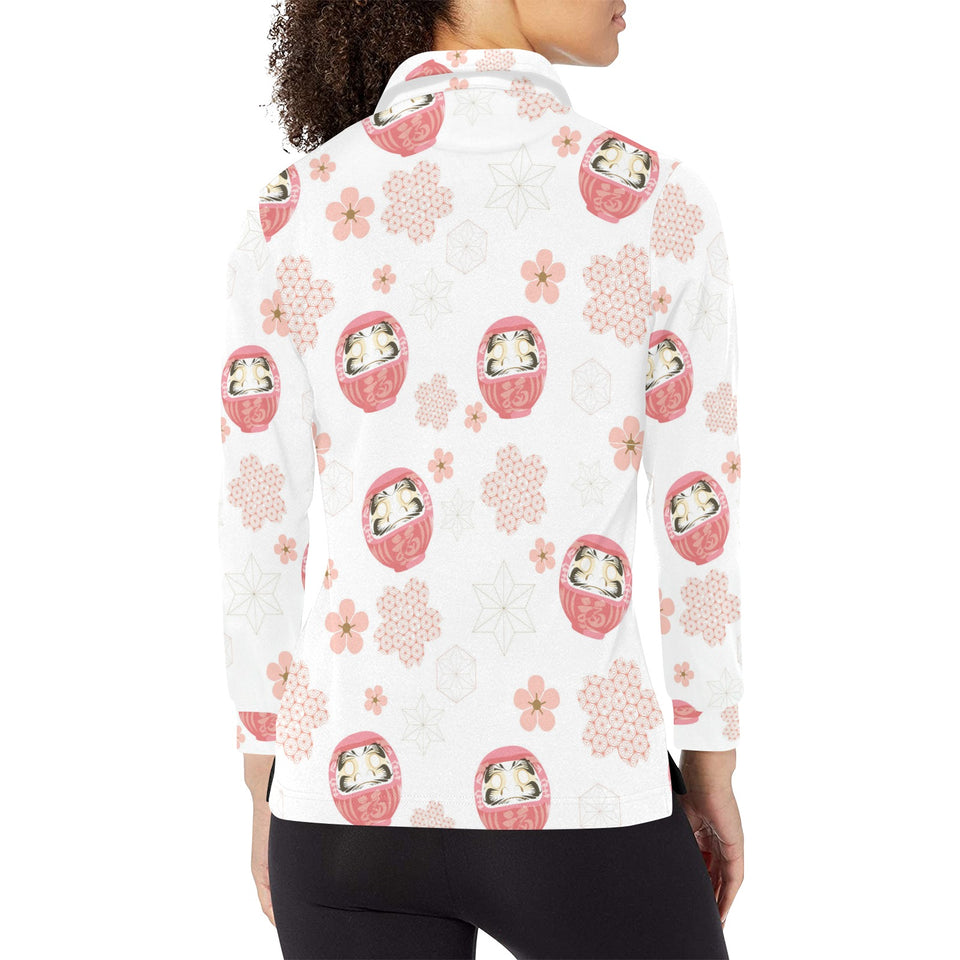 Daruma japanese wooden doll cherry blossom flower Women's Long Sleeve Polo Shirt
