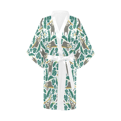 Cute sloths tropical palm leaves white background Women's Short Kimono Robe