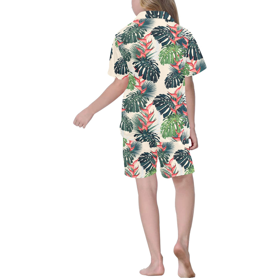 heliconia flowers, palm and monstera leaves Kids' Boys' Girls' V-Neck Short Pajama Set