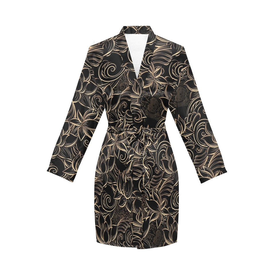 luxurious gold lotus waterlily black background Women's Long Sleeve Belted Night Robe