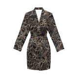 luxurious gold lotus waterlily black background Women's Long Sleeve Belted Night Robe