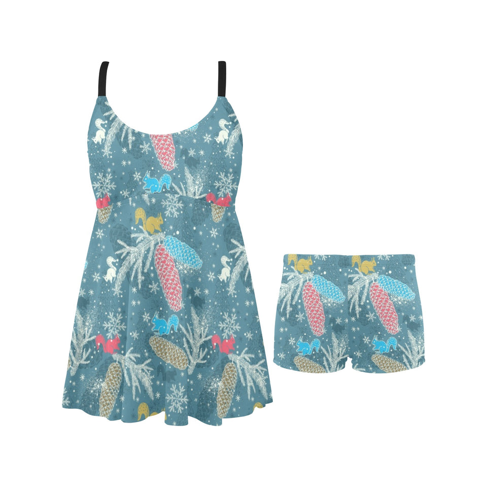 Squirrel Pattern Print Design 01 Chest Sexy Pleated Two Piece Swim Dress