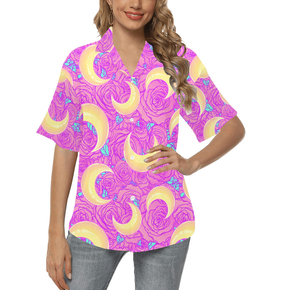 Moon pink rose background Women's All Over Print Hawaiian Shirt