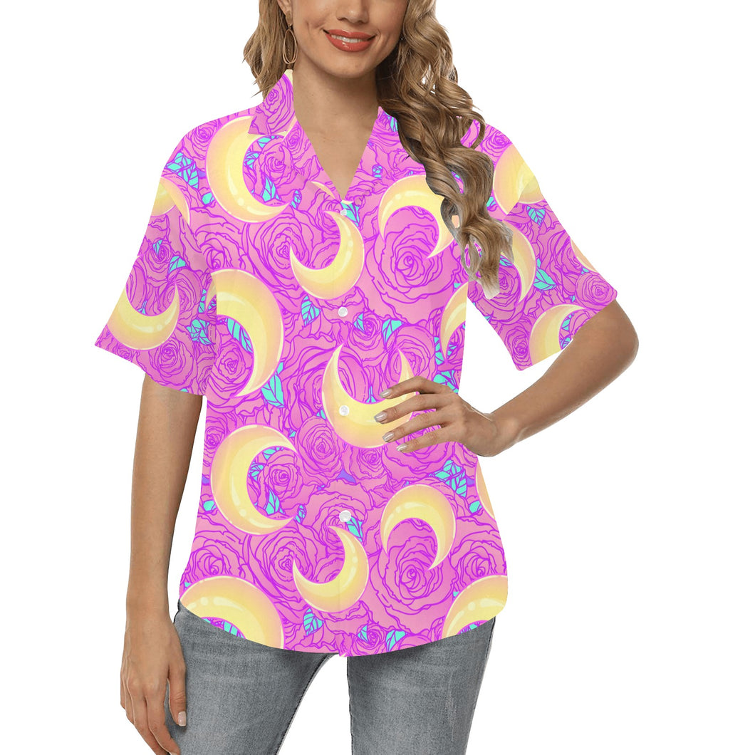 Moon pink rose background Women's All Over Print Hawaiian Shirt