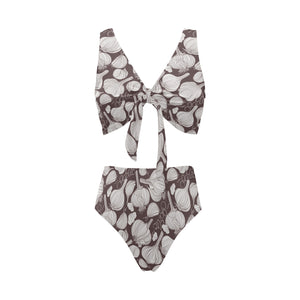 Garlic bulb dark background Chest Bowknot High Waisted Bikini Swimsuit