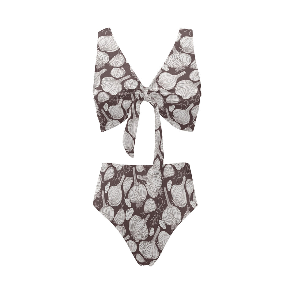 Garlic bulb dark background Chest Bowknot High Waisted Bikini Swimsuit