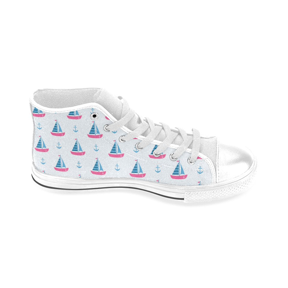 Sailboat anchor pattern Men's High Top Canvas Shoes White