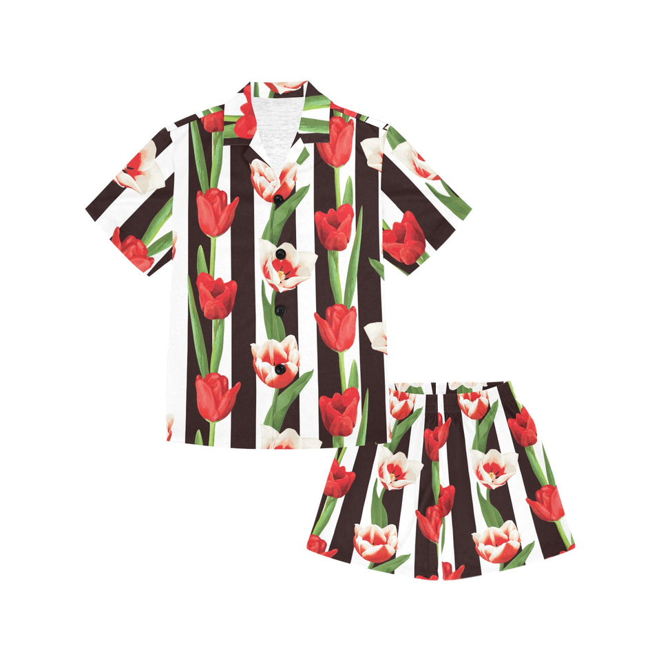 red and white tulips pattern Kids' Boys' Girls' V-Neck Short Pajama Set