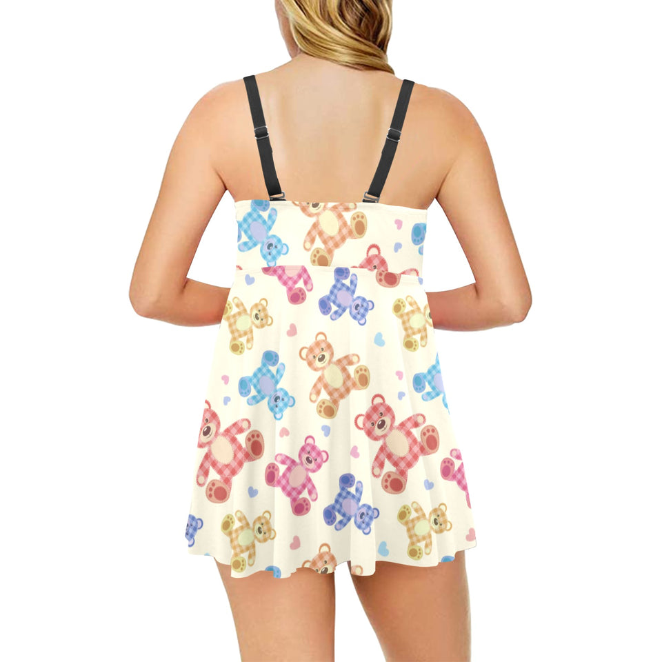 Teddy Bear Pattern Print Design 05 Chest Sexy Pleated Two Piece Swim Dress
