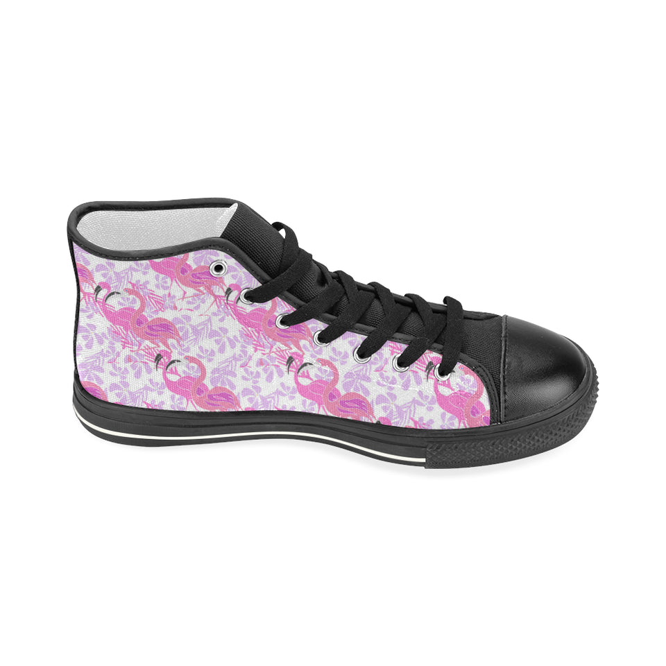 Pink flamingo flower pattern Women's High Top Canvas Shoes Black