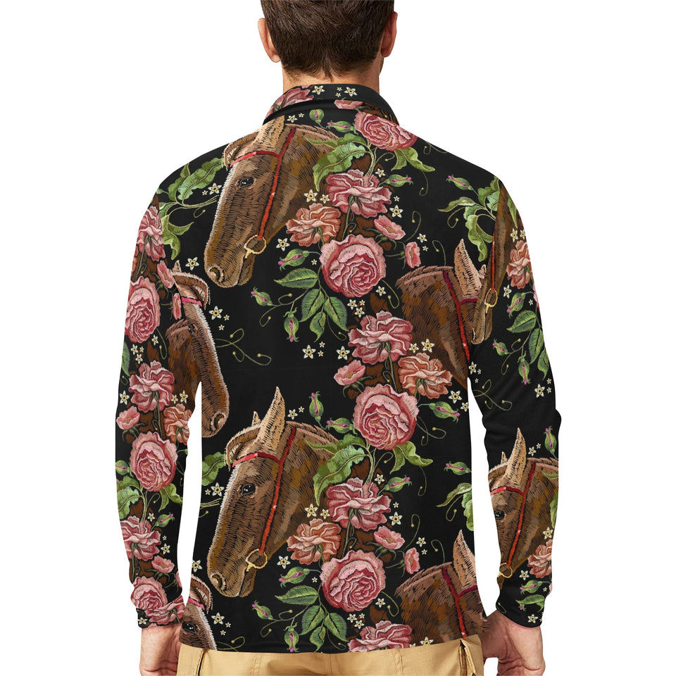 Horse head wild roses pattern Men's Long Sleeve Polo Shirt