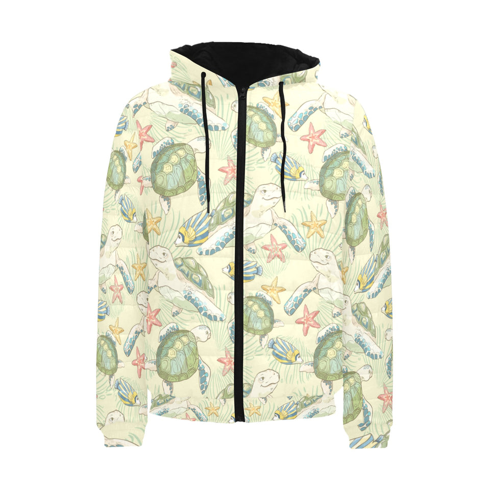 Hand drawn sea turtle fish pattern Men's Padded Hooded Jacket