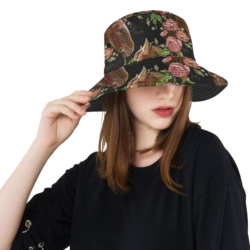 Horse head wild roses pattern Unisex Bucket Hat