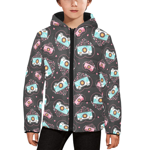 Camera Pattern Print Design 04 Kids' Boys' Girls' Padded Hooded Jacket