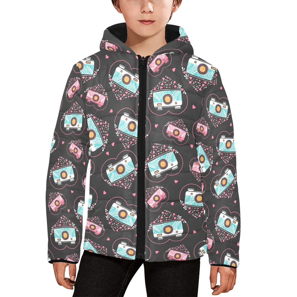 Camera Pattern Print Design 04 Kids' Boys' Girls' Padded Hooded Jacket