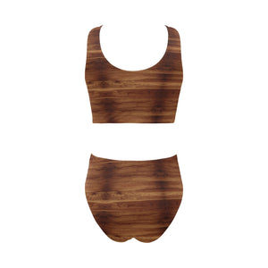 Wood Printed Pattern Print Design 04 Chest Bowknot High Waisted Bikini Swimsuit