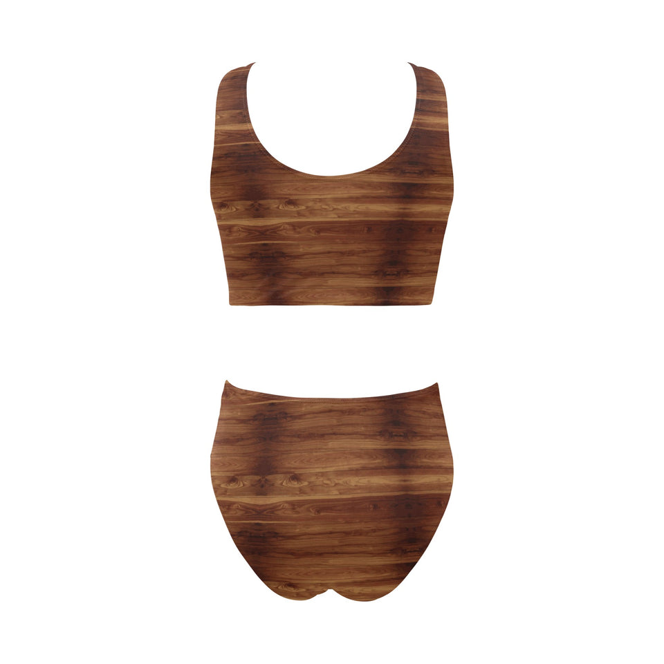 Wood Printed Pattern Print Design 04 Chest Bowknot High Waisted Bikini Swimsuit