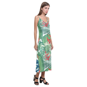heliconia palm and monstera  leaves pattern V-Neck Open Fork Long Dress
