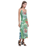 heliconia palm and monstera  leaves pattern V-Neck Open Fork Long Dress