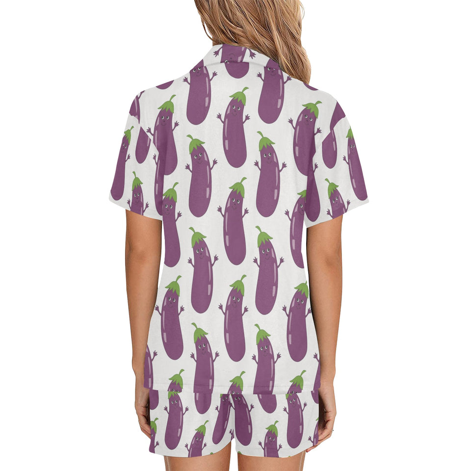 Eggplant Pattern Print Design 01 Women's V-Neck Short Pajama Set