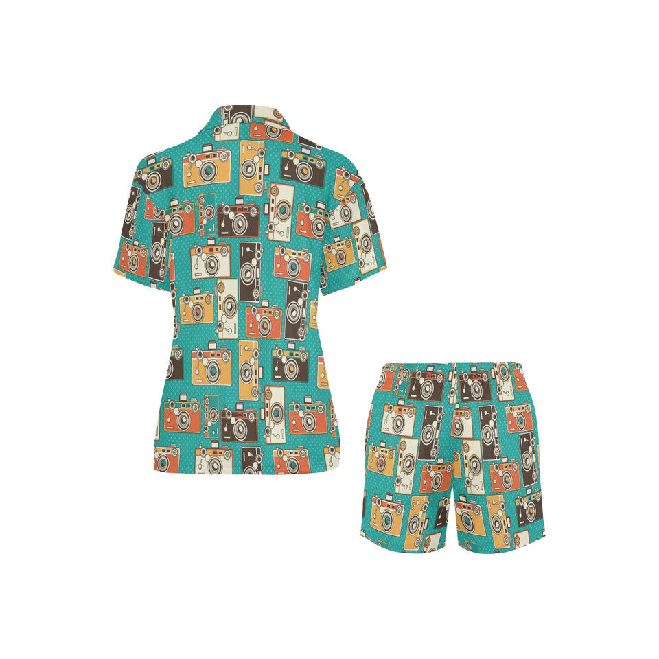 Camera Pattern Print Design 03 Women's V-Neck Short Pajama Set