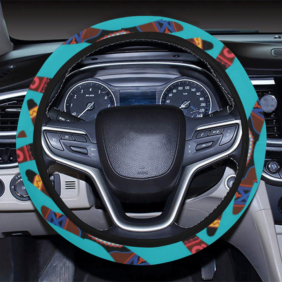 Boomerang Australian aboriginal ornament blue back Car Steering Wheel Cover