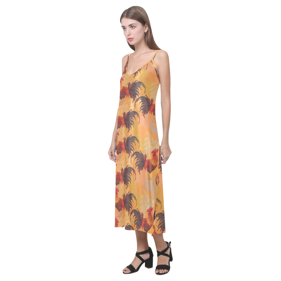 red rooster chicken cock pattern V-Neck Open Fork Long Dress