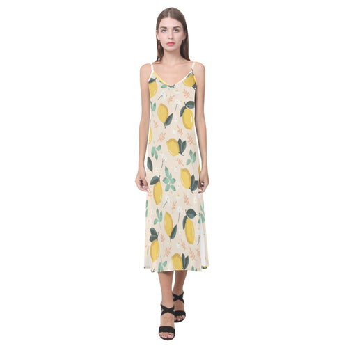 lemon flower leave pattern V-Neck Open Fork Long Dress
