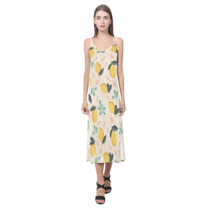 lemon flower leave pattern V-Neck Open Fork Long Dress