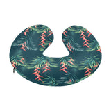 heliconia flowers, palm and monstera leaves on bla U-Shaped Travel Neck Pillow