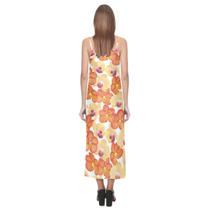 Orange yellow orchid flower pattern background V-Neck Open Fork Long Dress