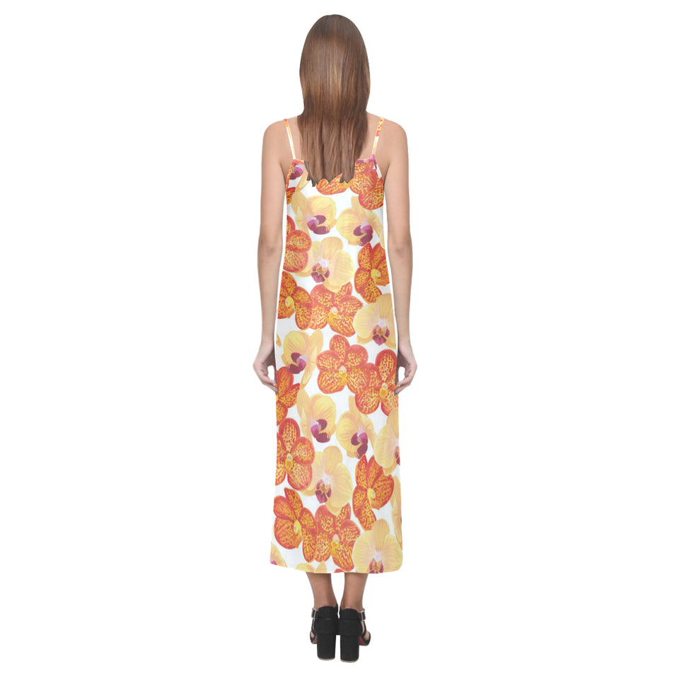 Orange yellow orchid flower pattern background V-Neck Open Fork Long Dress