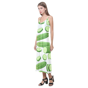 cucumber whole slices pattern V-Neck Open Fork Long Dress