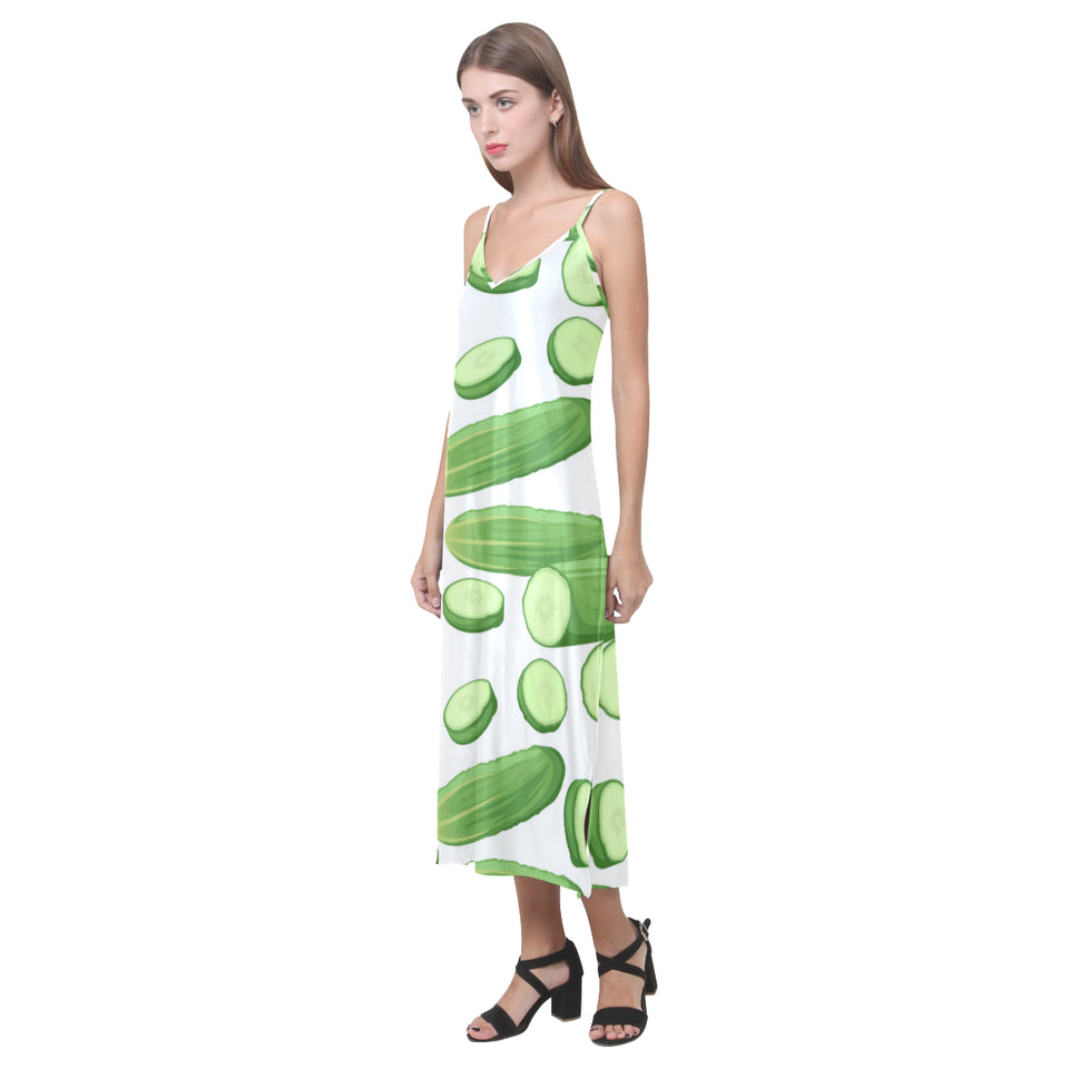 cucumber whole slices pattern V-Neck Open Fork Long Dress