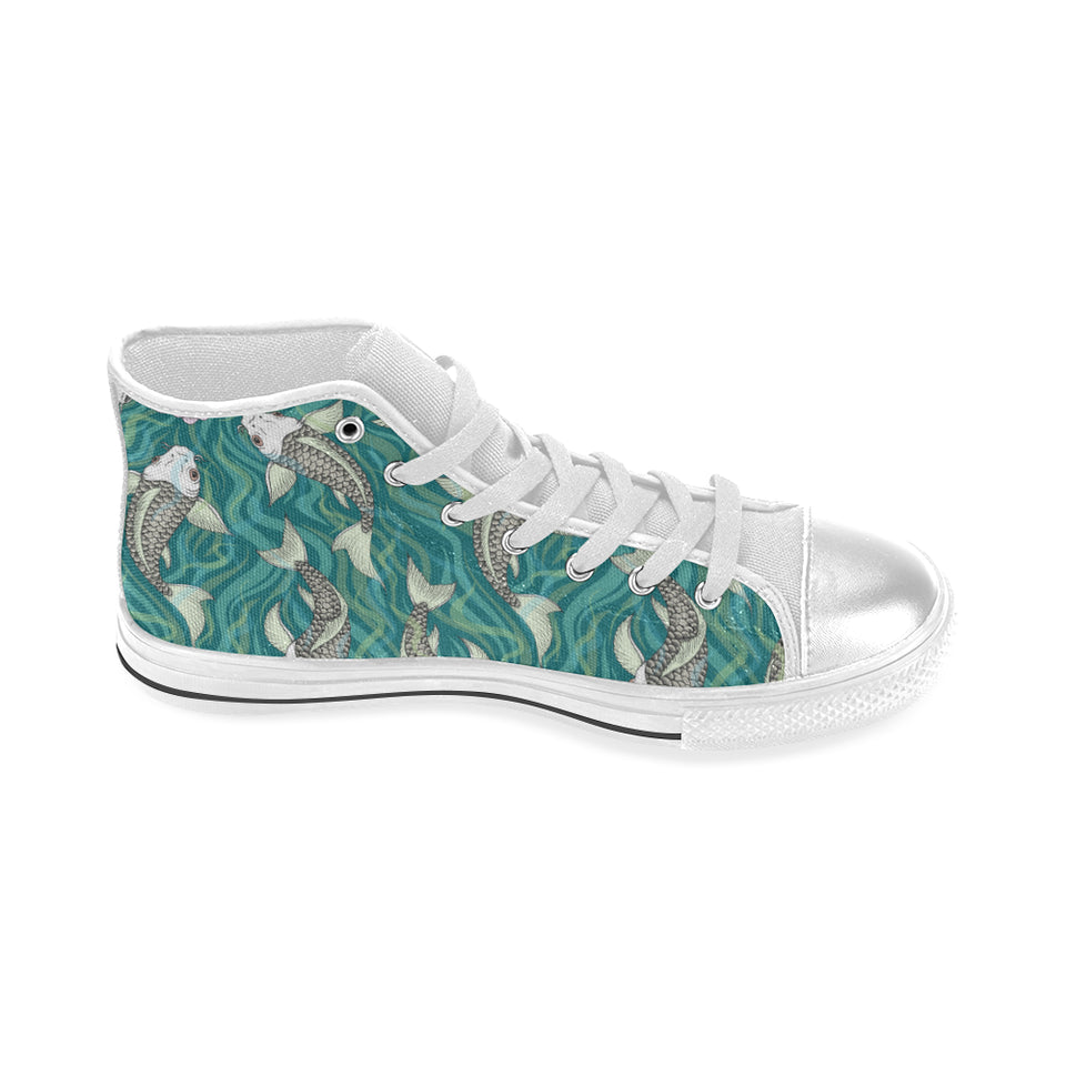 Koi Fish Carp Fish lotus pattern Women's High Top Canvas Shoes White