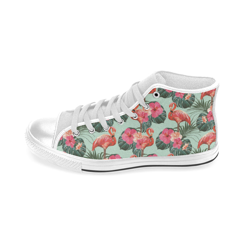 Beautiful flamingo tropical palm leaves hibiscus p Men's High Top Canvas Shoes White