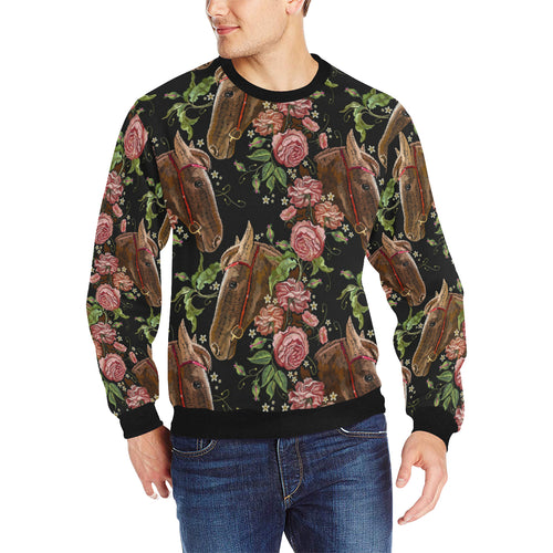 Horse head wild roses pattern Men's Crew Neck Sweatshirt