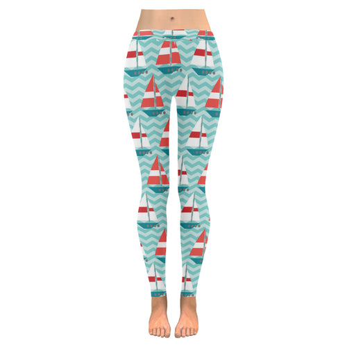 Red White sailboat wave background Women's Legging Fulfilled In US