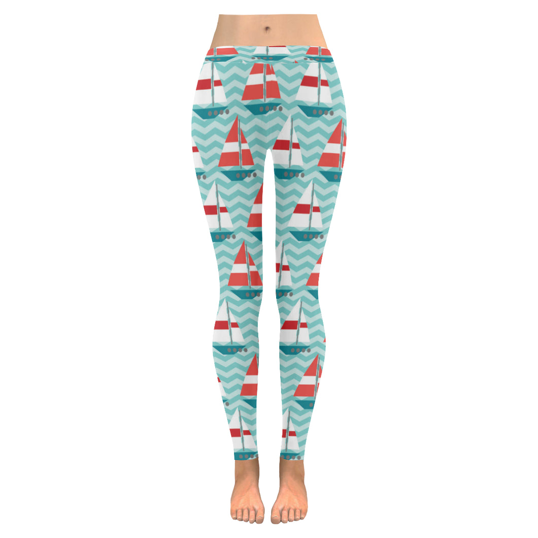 Red White sailboat wave background Women's Legging Fulfilled In US