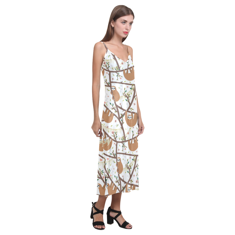 Sloths hanging on the tree pattern V-Neck Open Fork Long Dress