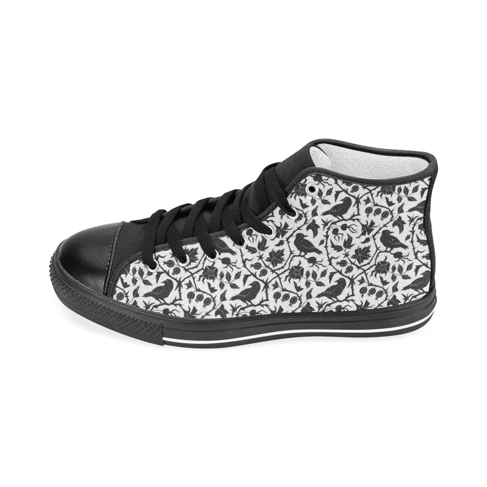 Crow dark floral pattern Women's High Top Canvas Shoes Black