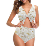 Beautiful gold japanese pattern Chest Bowknot High Waisted Bikini Swimsuit