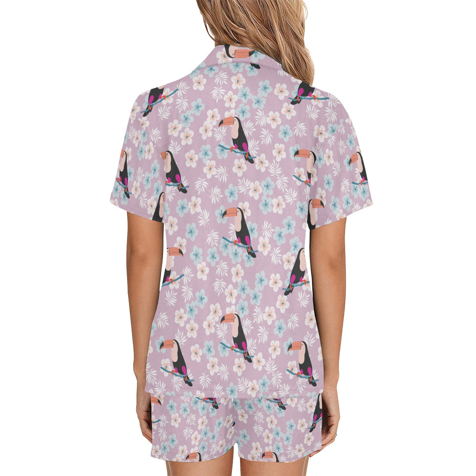 Beautiful toucan flower leaves Women's V-Neck Short Pajama Set