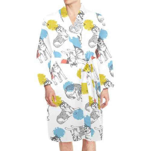 Siberian husky and colorful circle pattern Men's Long Sleeve Belted Night Robe