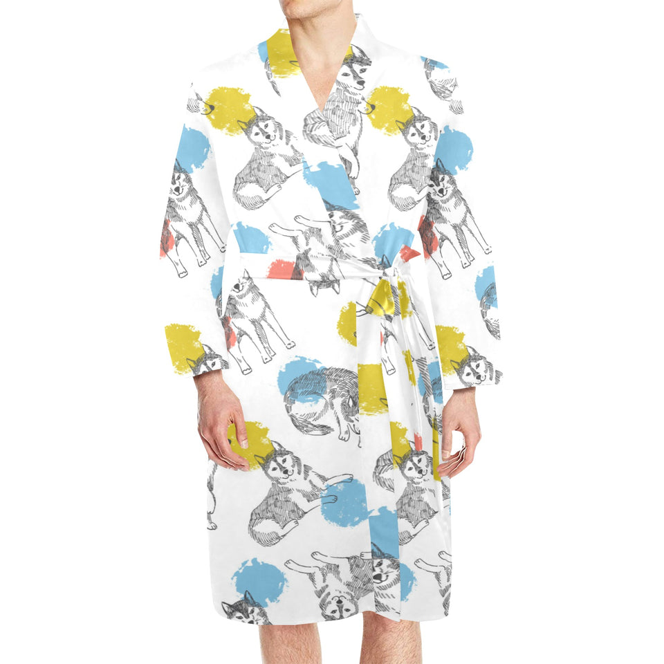 Siberian husky and colorful circle pattern Men's Long Sleeve Belted Night Robe